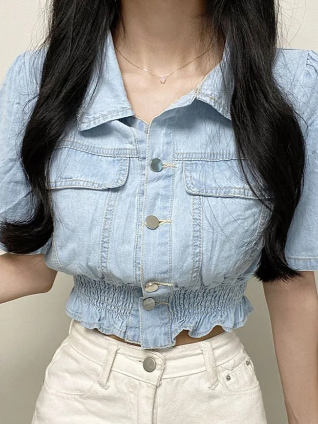 

Summer Chic Retro Collar ort Denim Jaet Women's Faion Waist-Cinching Single Button Design Unique Personali Top