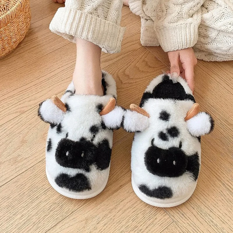

Home Slipper Women Fuzzy Cow Cartoon Fur Plush Indoor Lazy Female Thermal Winter Warm House Shoe Furry Flat Flip Flop Funny