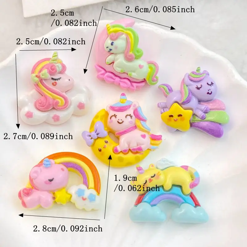 10Pcs New Cute Cartoon Rainbow Unicorn Series Flat Back Ornament Jewelry Bows Accessories