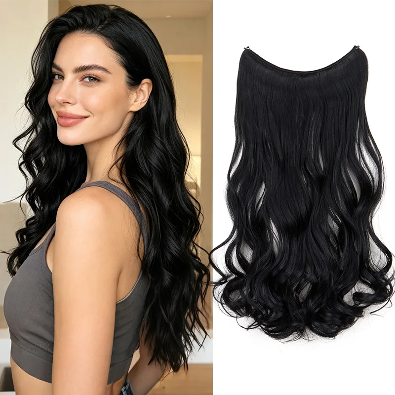 18Inch Synthetic Long Curly Fish Line Hairpiece Invisible Wire Halo Hair Extensions Heat Resistant Fluffy for Daily Styling