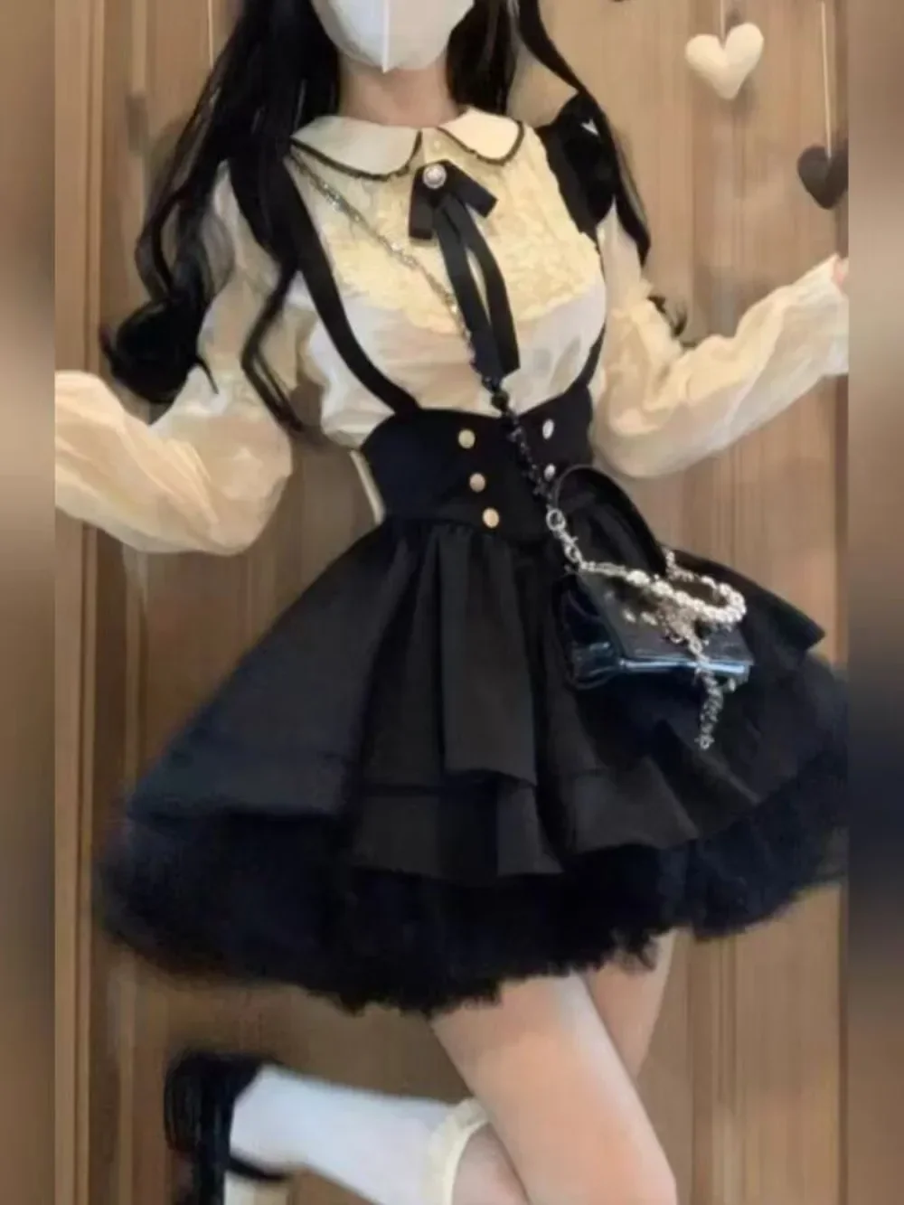 Japanese Gothic Y2k Preppy Style Sweet Lolita Women\'s Skirt Sets Doll Collar Kawaii Top + Suspender Skirt Lolita Clothes