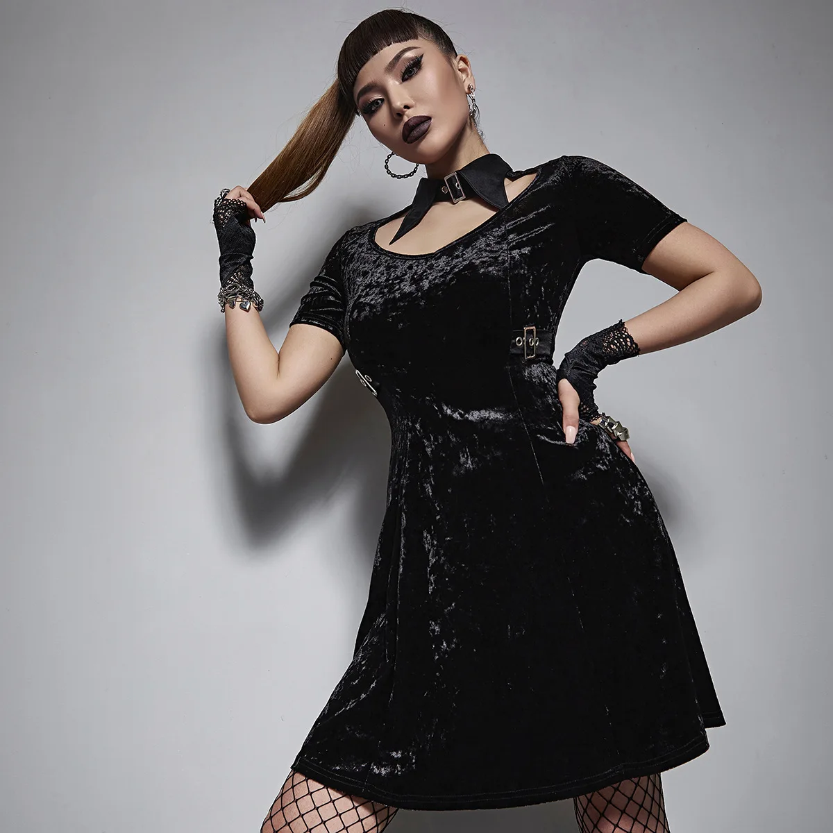 

Lace Large Figure Mid-Waist Midi Dress Non-Return Solid Color Temperament Commute Black Pullover Design Clothing