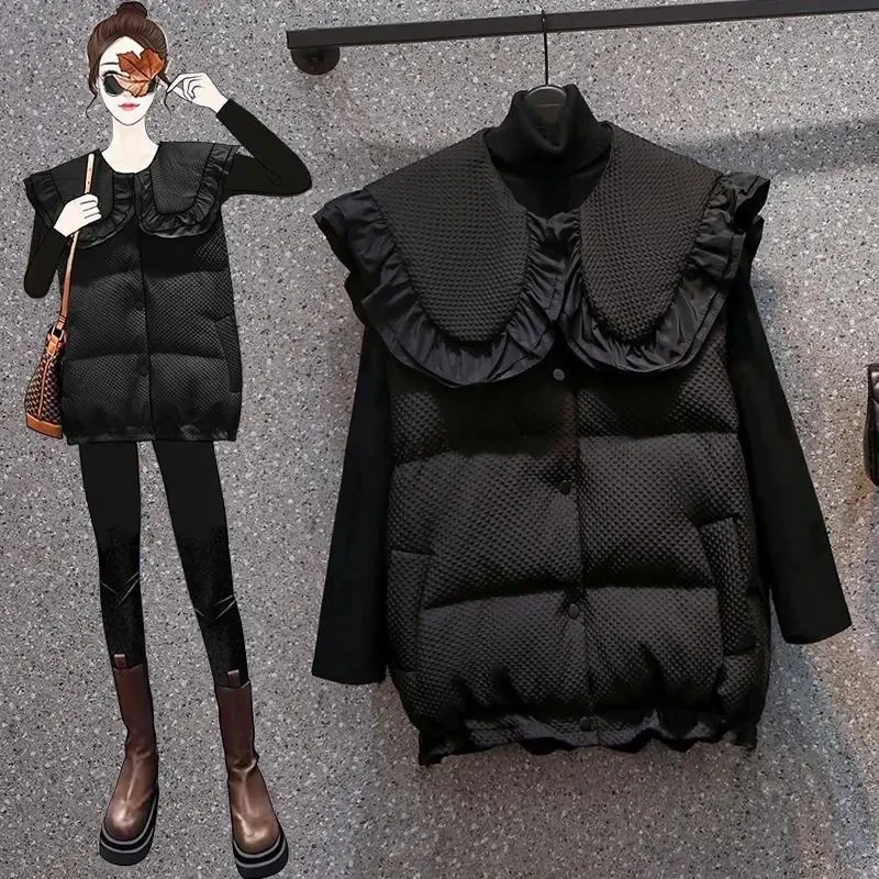 Autumn and Winter Loose Down Cotton Vest Women's Lotus Leaf Doll Collar Student Lovely Waistcoat