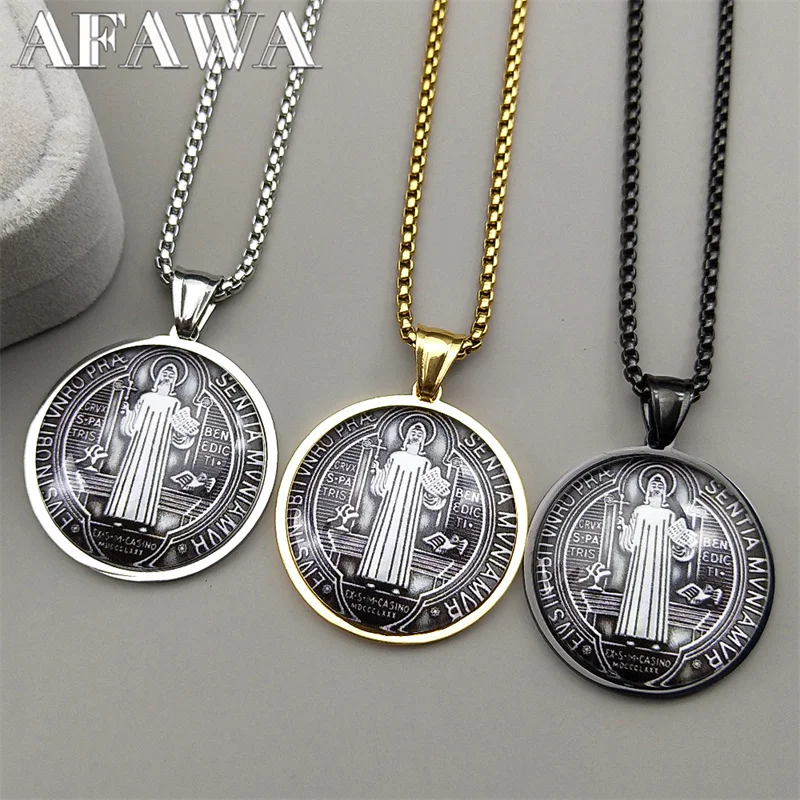 

Catholic Saint Benedict Glass Medal Necklace for Women Men Stainless Steel Gold Color Chain Necklaces Jewelry San Benito