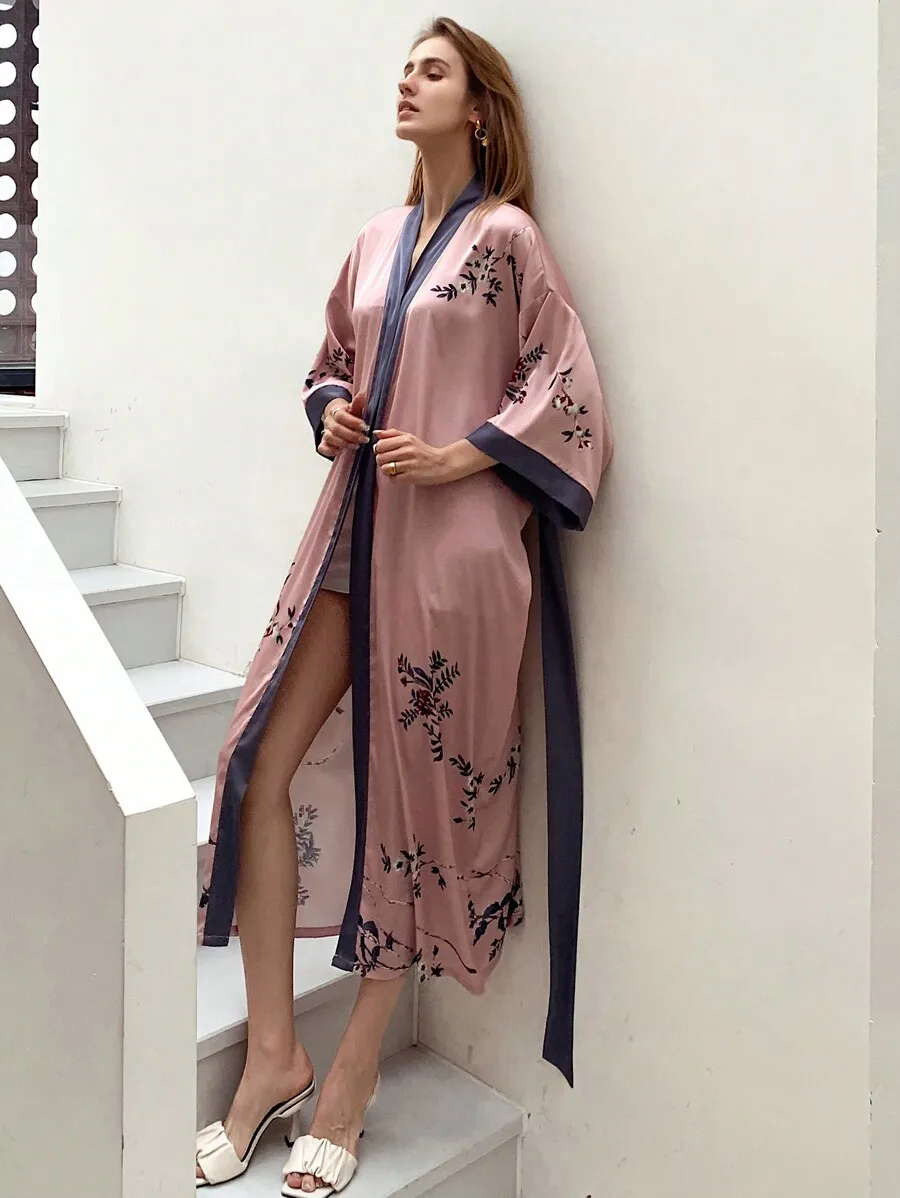 

Womens Long Satin Kimono Robe Floral Embroidery Bathrobe Nightgown