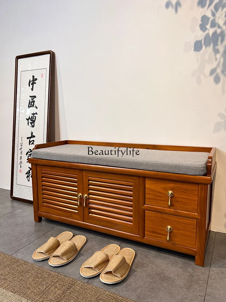 

FG28New Chinese Style Shoe Changing Stool Hallway Solid Wood Shoe Cabinet Integrated Old Elm Wood Home Storage