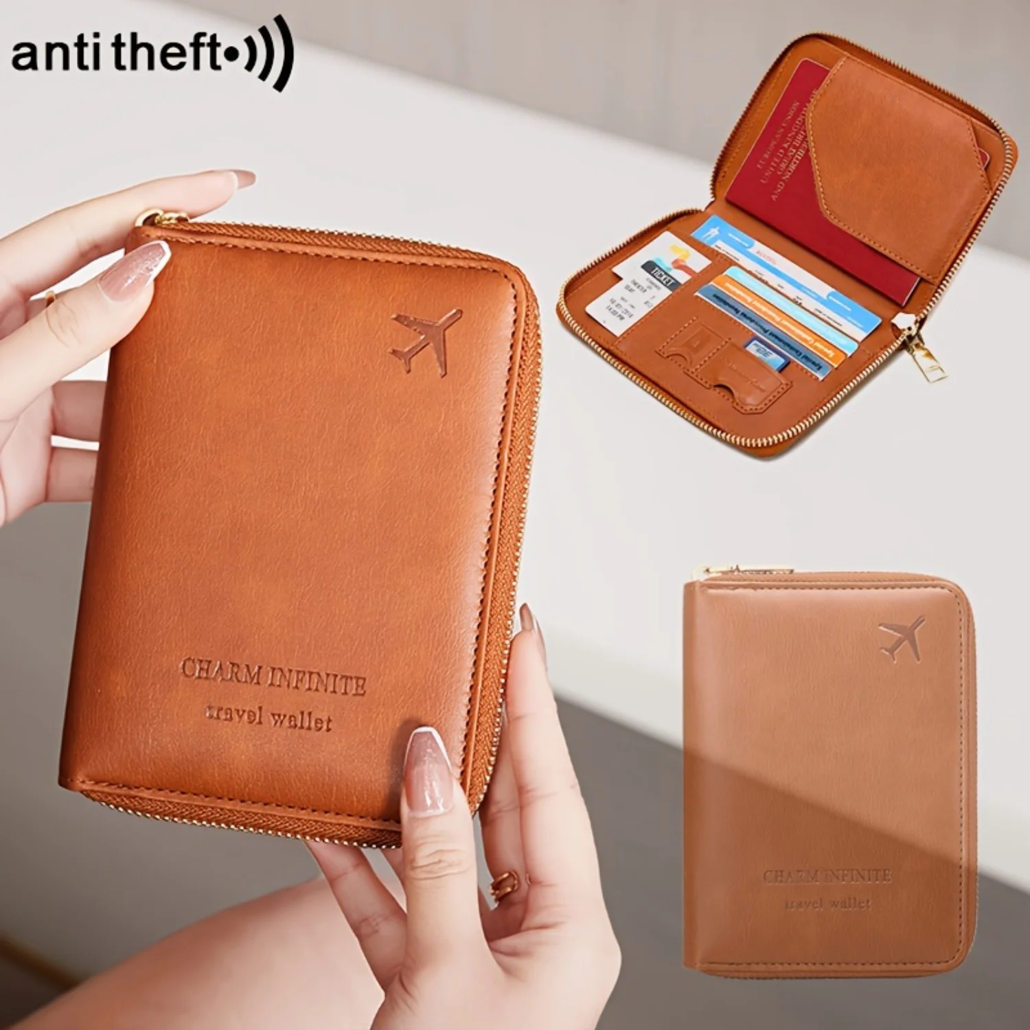 Travel Passport Holder Bag, PU Leather Short Document Bag with Zipper, Solid Color, Multi-Functional and Stylish