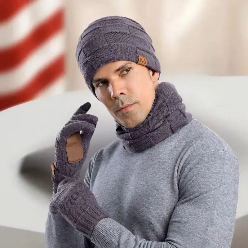 الشتاء الدافئة رشاقته قبعة وشاح وقفازات مجموعة رجالي الحراري صوف مبطن مترهل قبعة الرقبة الأوشحة قفازات 3 في 1 مجموعة دافئة #5