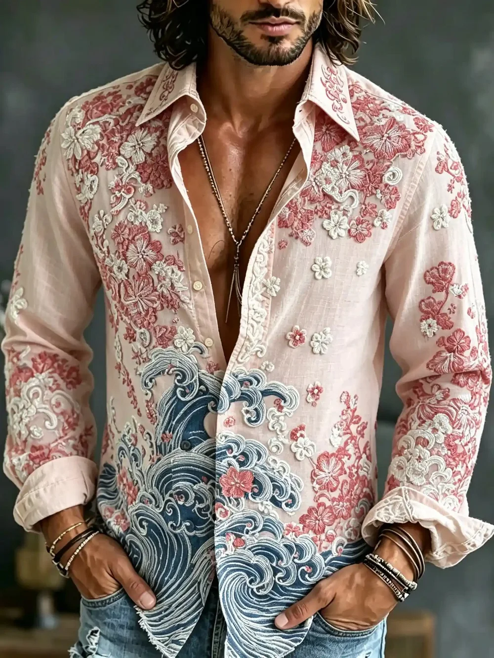 Men's Shirts Long Sleeves Hippie Hip Hop Button Flower Retro Printed Long Sleeve Shirt New Men's Casual Blouse Unisex Tops