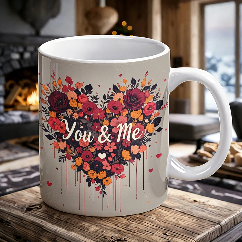 

Wine Red Floral 'You & Me' Ceramic Mug with Handle, Creative Coffee Cup, Milk Cup, Office Tea Cup, Drinking Cup, Fade-Resistant