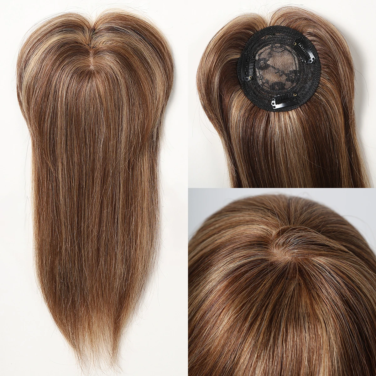 Human Hair Toppers with Bangs Clips In Remy Human Hair Extension Brown Blonde Hairpieces for Women Toppers Silk Base 12Inch Hair