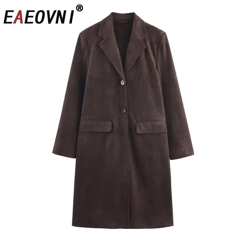 

EAEOVNI Temperament Suede Long Suit Blazer For Women Lapel Collar Single Button Solid Color Fashion Jacket 2026 New Clothing