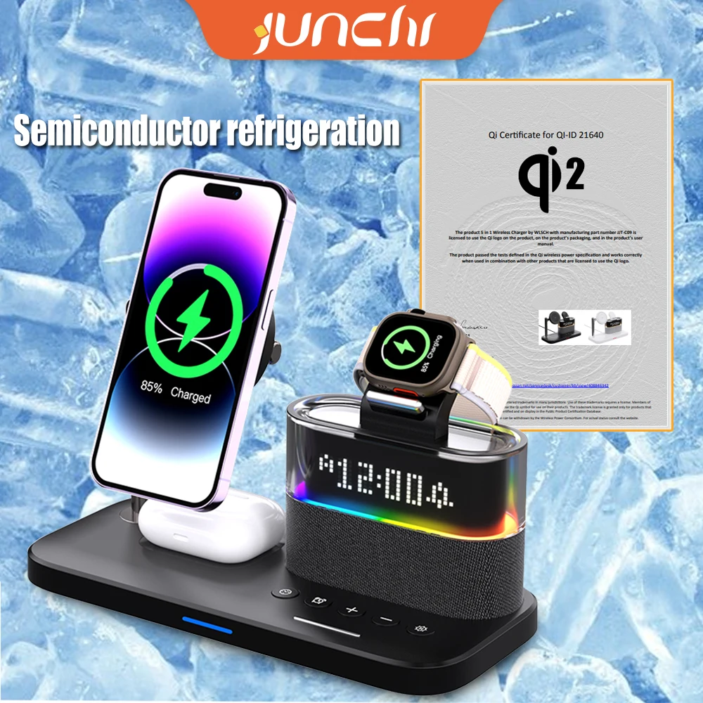 5in1 Magsafe Wireless Charger Semiconductor Refrigeration Qi2 Phone Chargers for iPhone Charging Station with LED Night Lamp