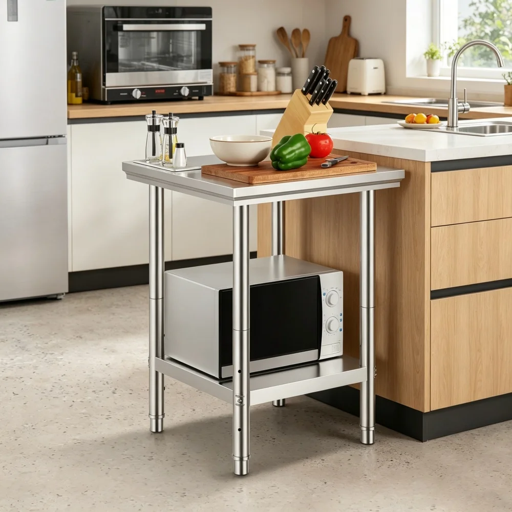Stainless Steel Metal Worktable with Lower Shelf, Adjustable Legs Square Work Bench, Heavy‑Duty Kitchen Prep Workstation Table for Garage Workshop Commercial Kitchen Utility Use