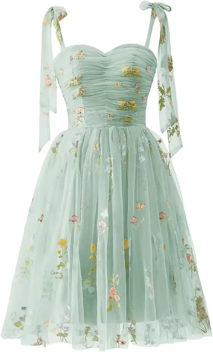 

Women's Puffy Sleeve Prom Dresses Flower Embroidery Tulle Formal Evening Dress Ruched Wedding Party Gowns Girls Homecoming Gown