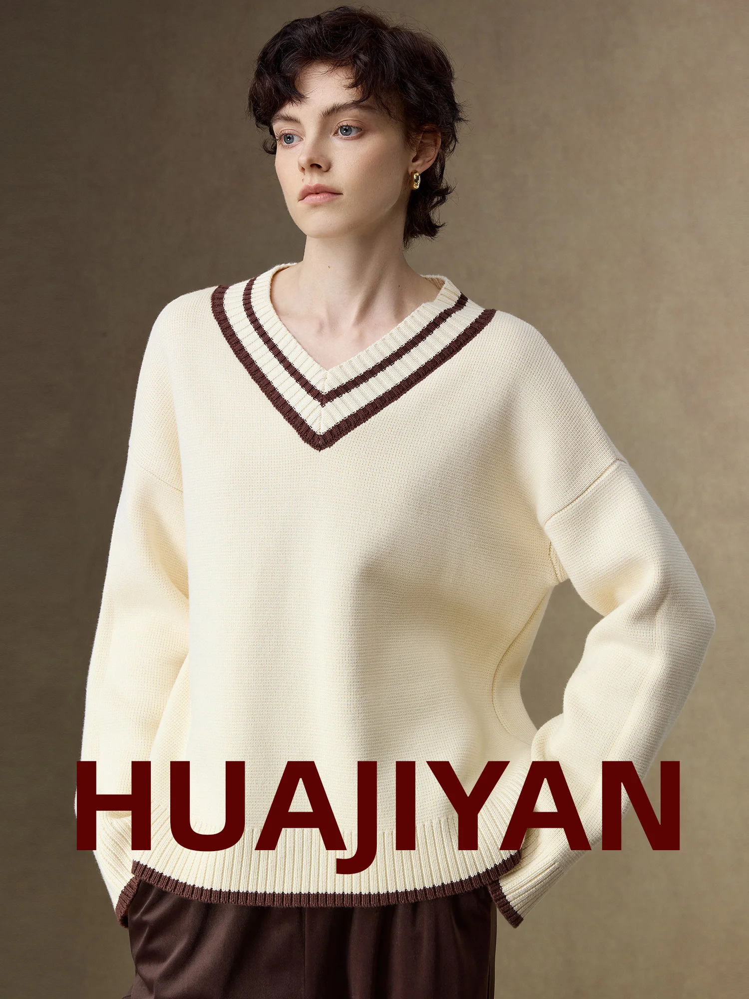 

Hua Ji Yan Poem Knitted Loose V-Ne Women's Top Premium Cotton College Sle Striped Long Sve Thermal Faion Autumn Winter