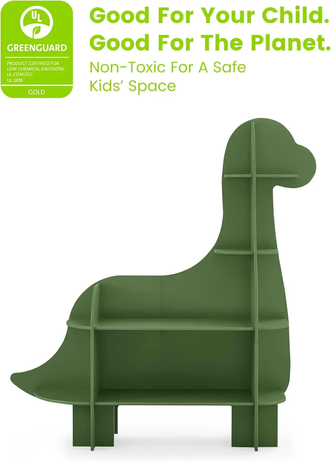 Dinosaur Bookcase with Greenguard Gold Certification, Fern Green - Versatile Storage for Kids' Rooms