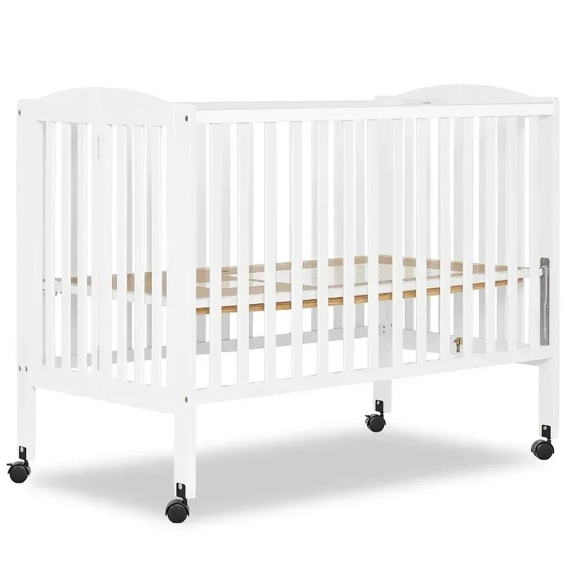 Full Size 2-in-1 Folding Stationary Side Crib In White, Locking Wheels, Folds Flat For Storage, Comes with Teething Guard