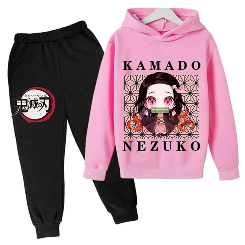 Anime Demon Slayer felpe con cappuccio per bambini + Set di pantaloni ragazze ragazzi 3-12 anni cappotto nero per bambini primavera autunno felpe per il tempo libero vestito