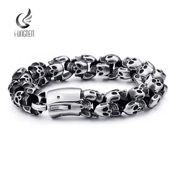 Fongten 12/15mm Skull Charm Bracelets For Men Stainless Steel Steleton Chain Mens Wristband Bracelet Bangle Gothic Jewelry