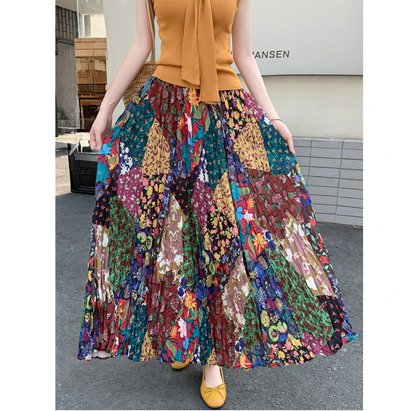 Beach Style New Arrival Summer Women Casual Vintage Floral A-line Ankle-length Skirt Loose Good Quality High Waist Skirts T115