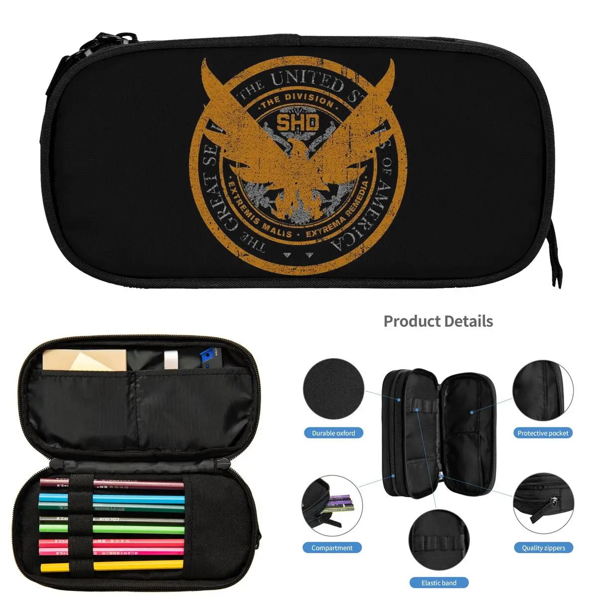 Game Tom Clancys The Division SHD Seal Pencil Cases for Students Gifts Pen Box Pencil Bag Large Storage Pencil Pouch view 3