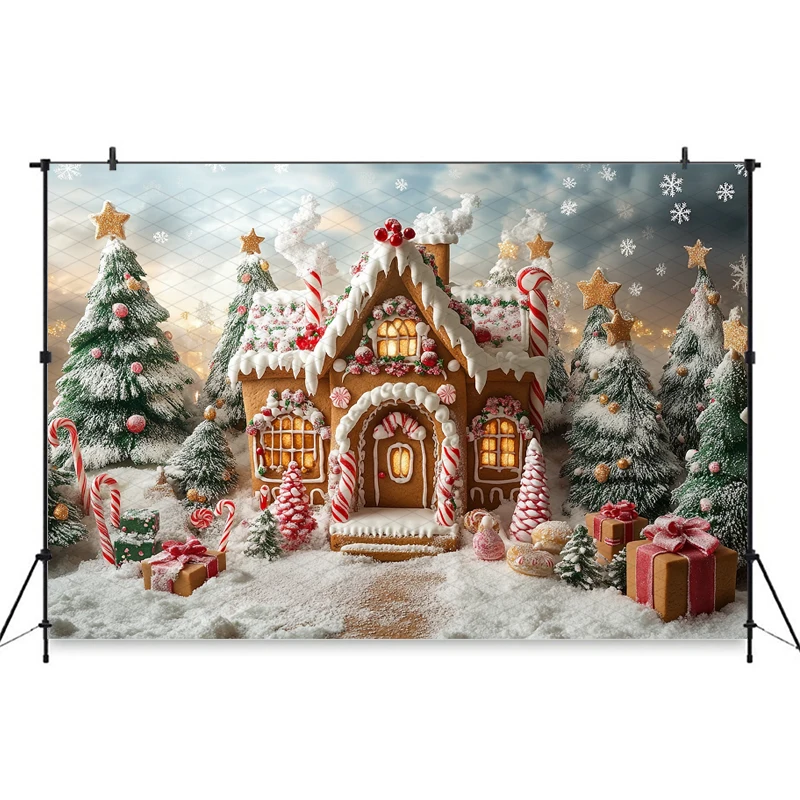 Mocsicka クリスマスハウス写真撮影の背景クリスマスツリーキャンディギフトスノーフレーク装飾パーティー子供の写真の背景壁紙