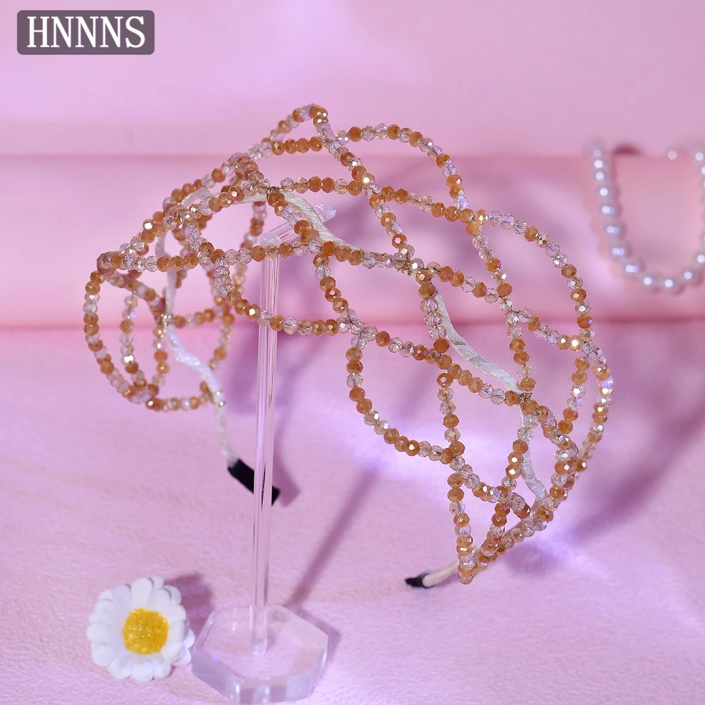

HNNNS Wide Brimmed Mesh Hair Accessories Amber Crystal Hair Hoop Headwear Handmade Beaded Headband Luxury Braided Headdress A346