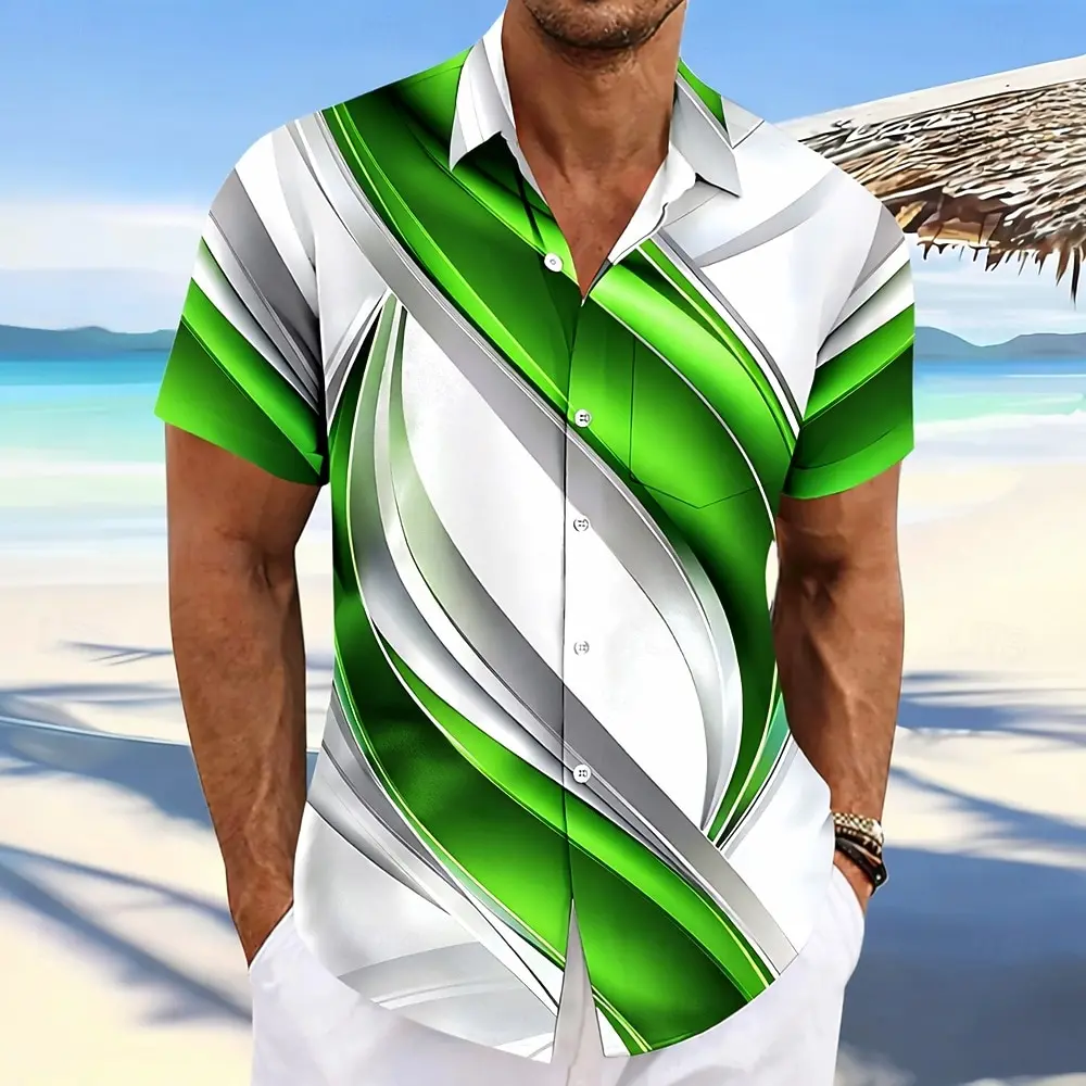 Multi Color 3D Diagonal Wave Men Shirts Smooth Loose Lapel Tops For Party Beach Holiday Trip
