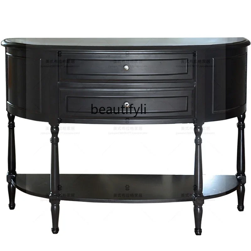 

American country solid wood black small round table, French round edge sofa side table coffee table