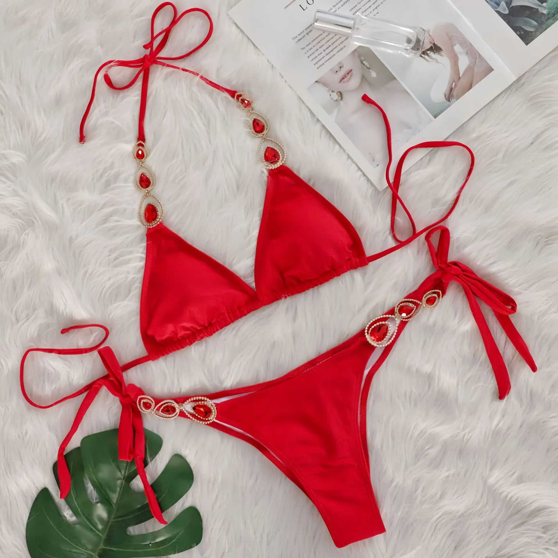 2025 New Fashion Swimwear Women's Glamorous Red Bikini Set with Crystal Embellishments Perfect Pool Parties and Beach Vacations