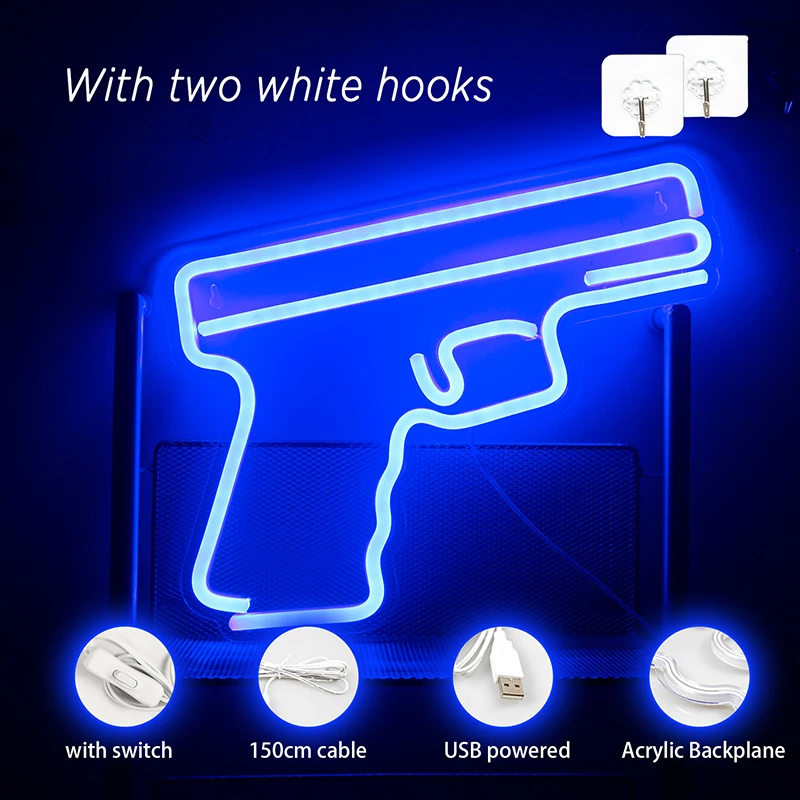 أضواء LED نيون تعمل بالطاقة USB ، مسدس ، أزرق ، ديكور غرفة الألعاب ، مصباح ، مسدس لطيف ، هدية للاعبين ، المنزل ، غرفة النوم ، الحفلات ، البار