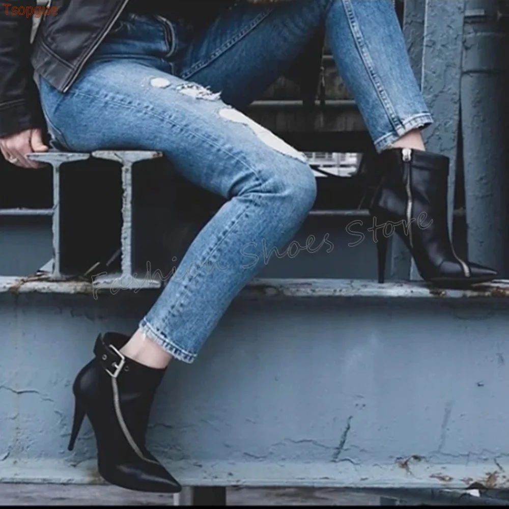 

Black Zipper Decor Pointed Toe Boots Matte Leather Thin High Heels High Heel Shoes for Women Heels 2025 New Zapatos Para Mujere