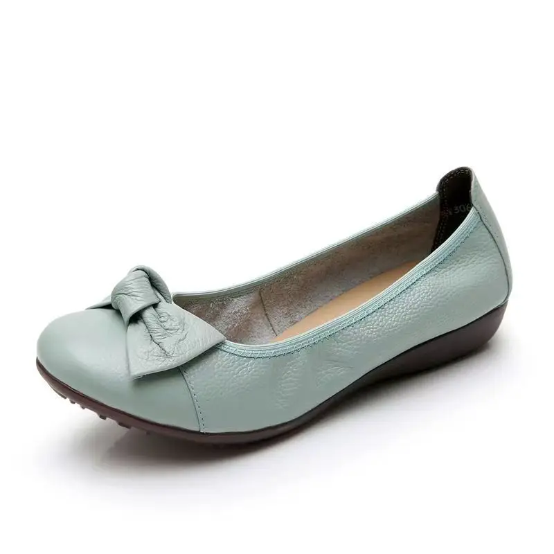 

Woman Real Leather Soft Sole Flat sole Shoes Spring Summer New Shallow Round Toe Slip On Bowknot Nude Shoes Elderly Casual Shoe
