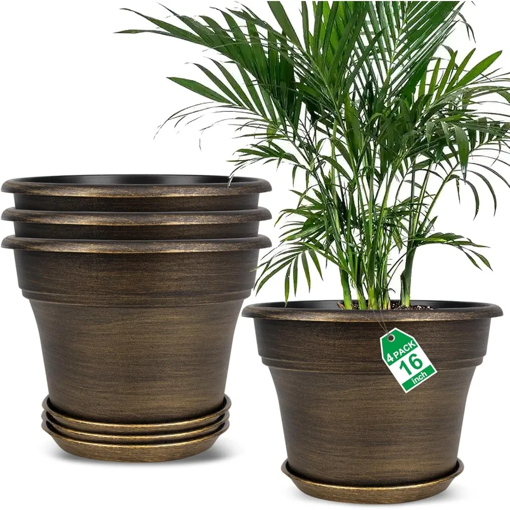 

Plant Planters Pots Set of 4 Pack 16 Inch，Large Plastic Flower Pot for Indoor Plants with Drainage Holes & Trays