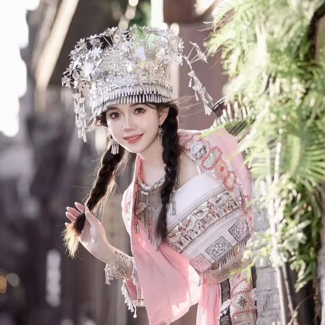 Strój damski Hmong, styl narodowy, etniczna mniejszość Tujia, różowe stroje sceniczne dla dziewcząt, vintage, odzież podróżna, ubrania ślubne, strój świąteczny