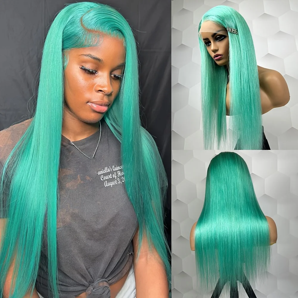 EQ الشعر العظام مستقيم النعناع الأخضر 13x4 الدانتيل الشفاف الجبهة الباروكات شعر الإنسان الطاووس الأخضر عذراء البرازيلي خصلات الشعر المستعار الإنسان