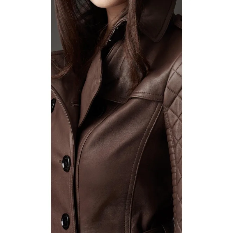 Women's Brown Leather Trench Coat Genuine Lambskin Overcoat Long Winter Jacket