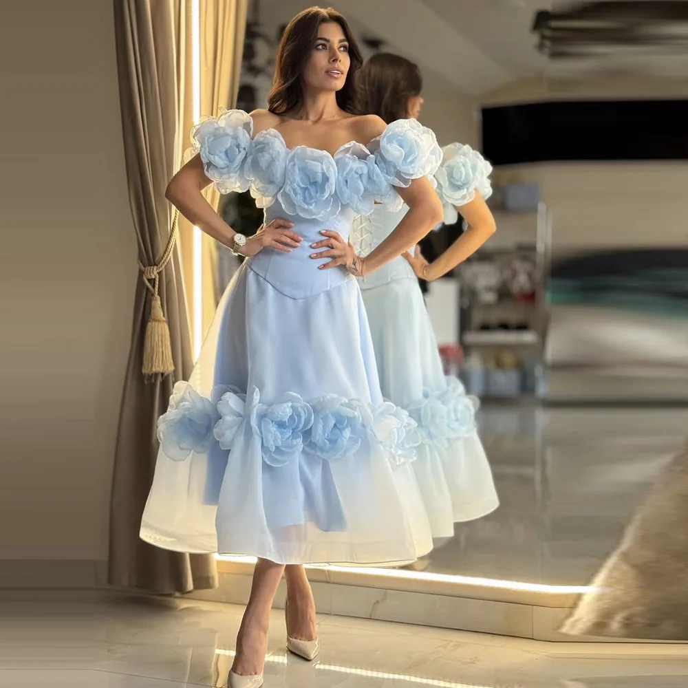 

Light Sky Blue Flower Birthday Dresses Off The Shoulder Ankle Length Two Pieces Sets Girls Bridal Party Dress Summer Gowns