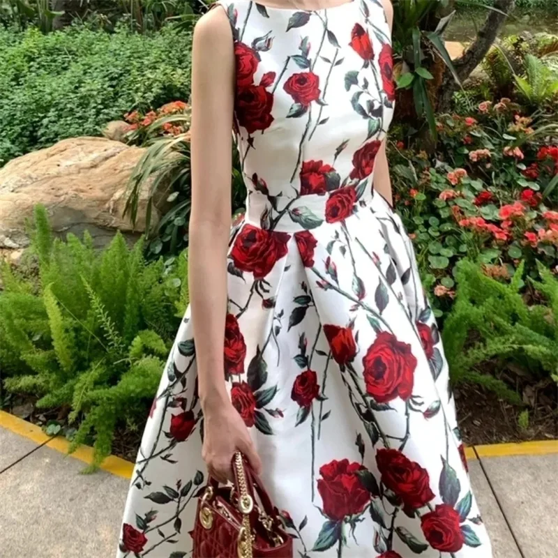 

2024 Rose Life Advanced Oil Painting Sleeveless High Waist Dress with 3D Cutting and Waist Closing A-line Dress French Princess