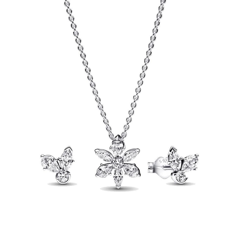 

S925 Pure Silver Sparkling Circle & Cluster Pendant Necklace&Earrings Women Jewelry Set
