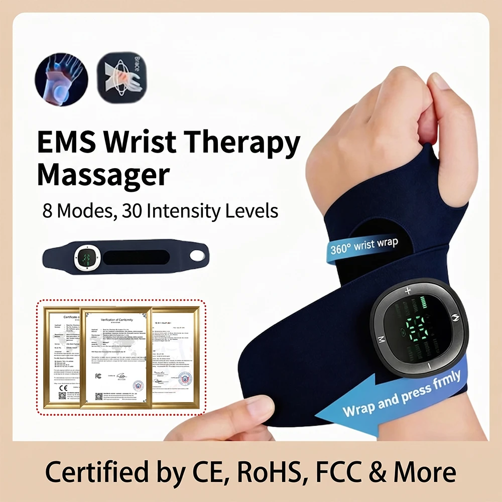 

EMS Wrist Massager Microcurrent Hand Pulse Therapy 8 Modes 30 Intensity Levels USB Type-C Rechargeable Lycra Fitness Relief