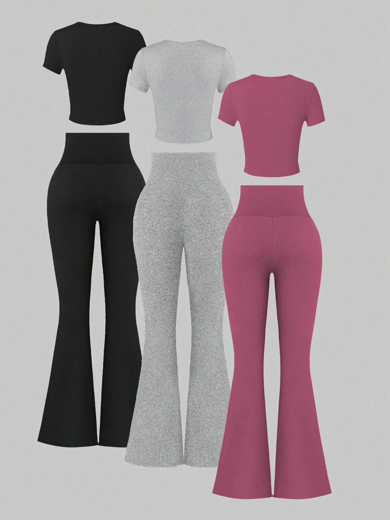 Conjunto de 3 Peças Feminino: Top Cropped de Manga Curta e Calça Flare de Cintura Alta - Roupa Casual para Yoga