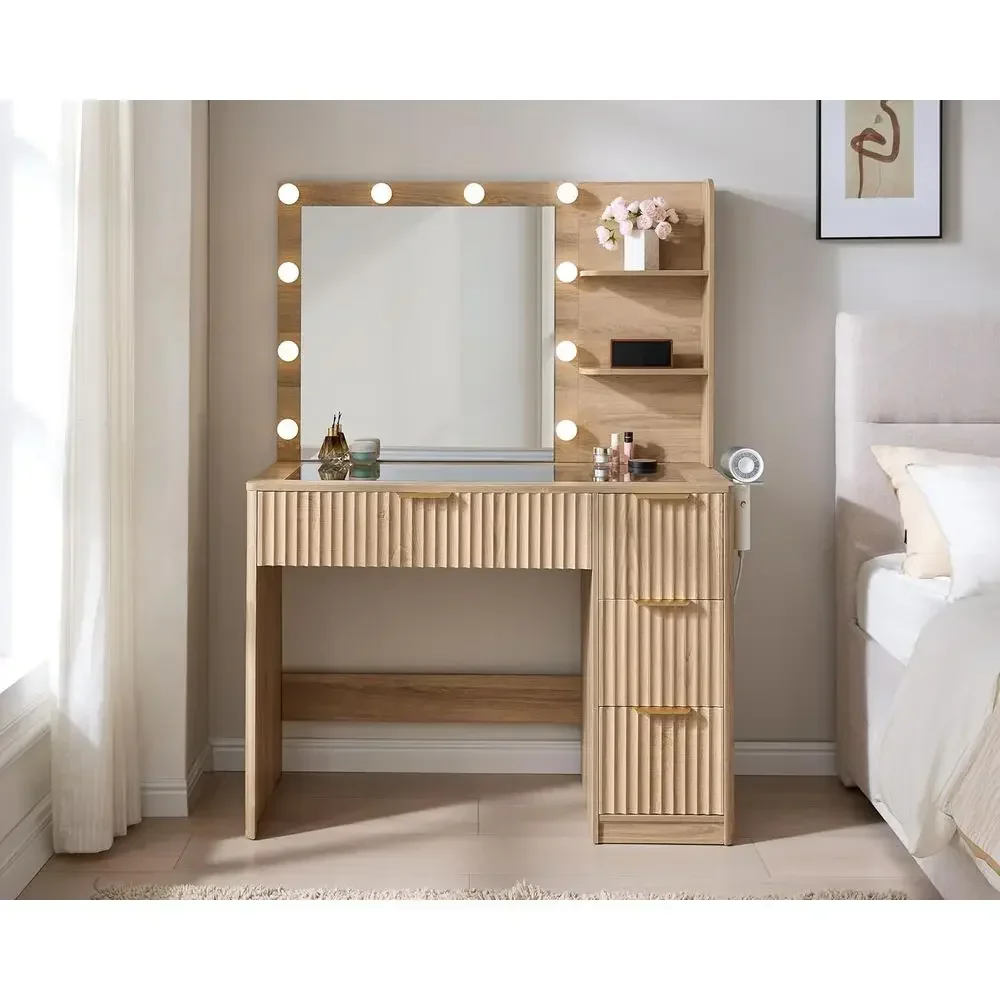 36.2 Large Makeup Vanity Desk with Mirror, LED Lights, Glass Top, and Charging Station in Natural Oak Finish