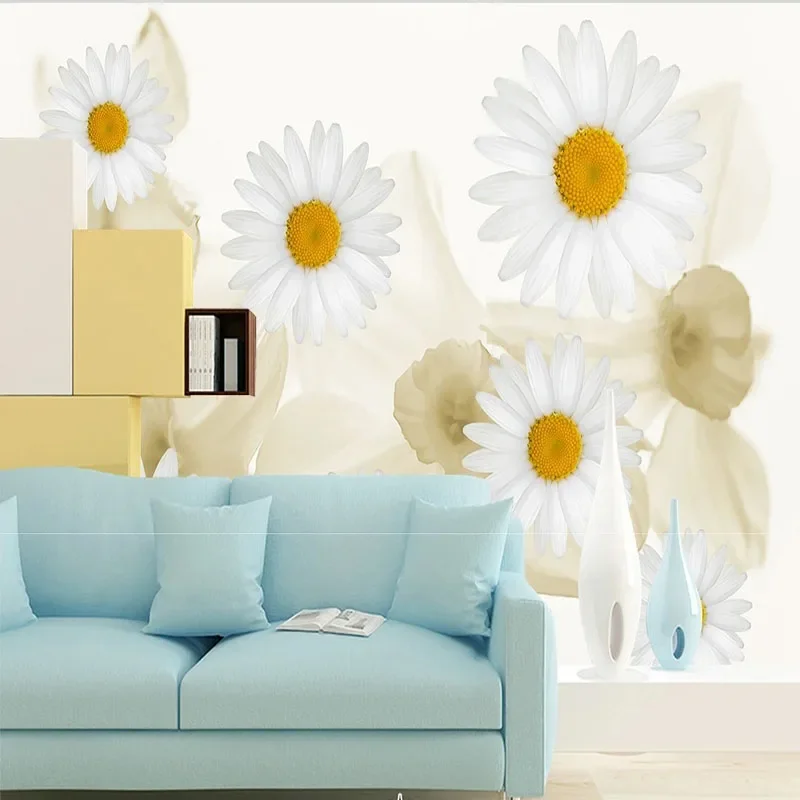 Personalizado 3d foto mural pintura da parede branco margaridas fresco flor fundo papel de parede pintado pared decoração casa tapety fresco