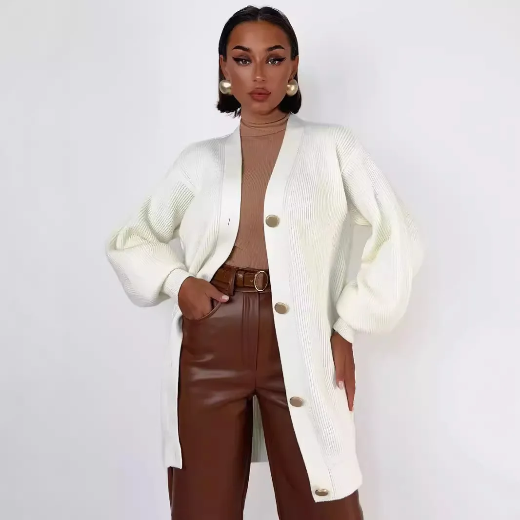 여성용 단색 편안한 레저 스타일 봄 가을 시즌 루즈 캐주얼 브이넥 중간 길이 니트 스웨터 코트