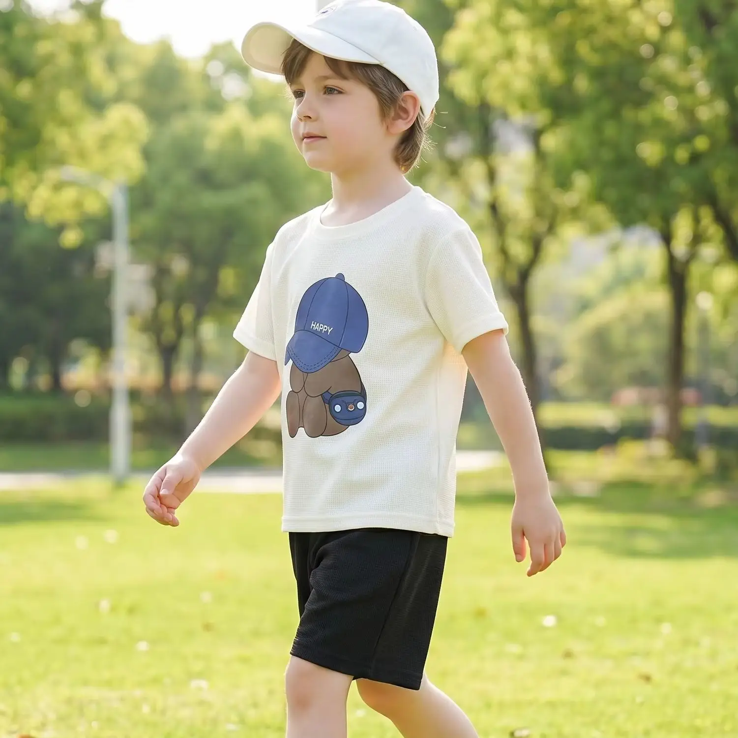 2026 Summer Kids Thin Outfit Girls Boys Cute Bear Print T-Shirt+Solid Color Shorts 2Pcs Clothing Loose Soft Children Set image 3