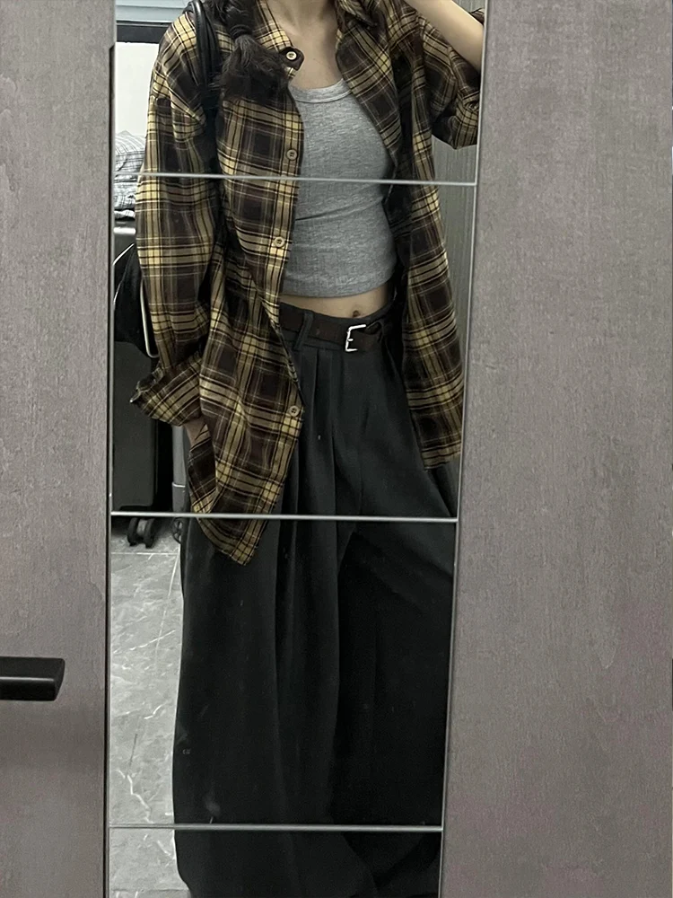 

American Retro Plaid irt Women's Summer Loose Casual Chic Hong Kong Sle Long Sve Sun Protection Outerwear