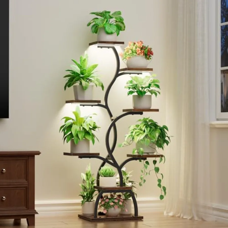 

Indoor plant stand with grow light for living room and balcony use black metal 8-tiered corner shelf 49-inch tall lighted flowe