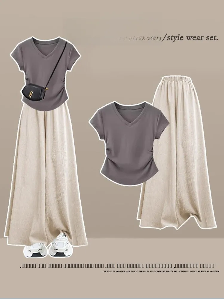 Ladies Summer Lazy Style High Waist Waist-Cinching Short Sleeve T-Shirt And Casual Pants Two-Piece Set Comfortable Loose Fit